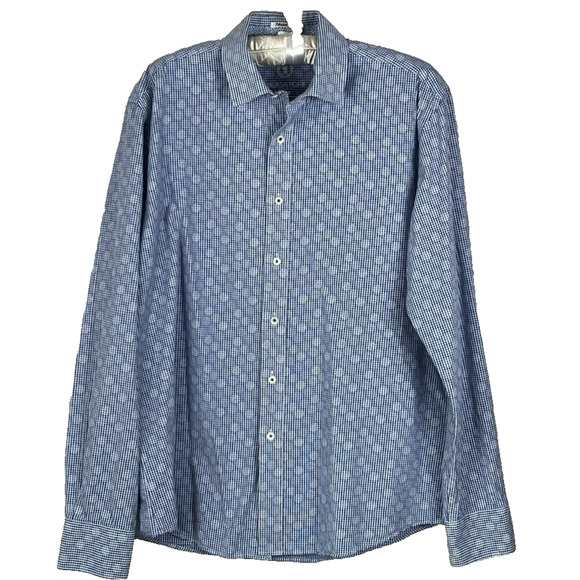 Bugatchi Uomo Shirt Men's L Blue Check Button Up Collared Long Sleeve Shaped Fit - Picture 1 of 9